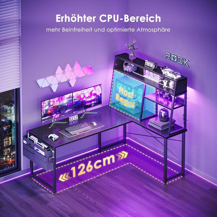 Г-подібний ігровий стіл Coleshome зі світлодіодним підсвічуванням, 130x100 см, кутовий стіл з полицями та кишенями для зберігання, двосторонній ігровий стіл для домашнього офісу та геймерів, чорний