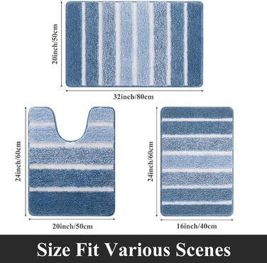 Комплект килимків для ванної SHACOS, 3 предмети, нековзний килимок для ванної, синій, м&39які килимки для ванної, водопоглинаючий килимок для душу, комплект килимків для ванної, що миються, 40x6050x8050x60 см, 40x6050x80U50x60 см, синій