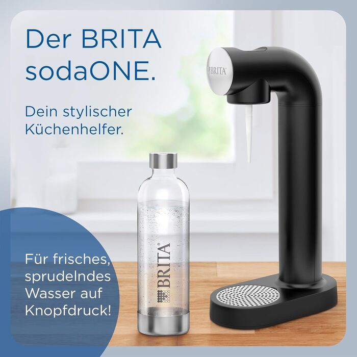 Виробник газованої води BRITA sodaONE (чорний) з циліндром CO та ПЕТ-пляшкою без BPA Перетворює питну воду на газовану газовану воду (до 60 л на циліндр) виробник газованої води для дому