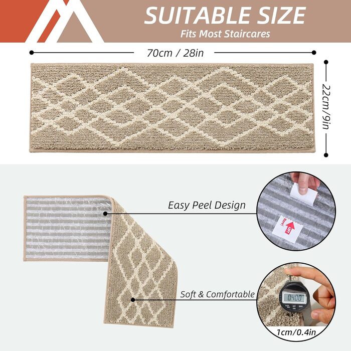 М&39які дерев&39яні сходинки, сходові доріжки для дітей та собак, 100 поліестер, основа з TPE, бежевий колір, ромбоподібний візерунок, 15 шт. , 71,1 x 22,9 см