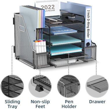 Органайзер для робочого столу з тримачами для файлів, 5-ярусний органайзер для паперів з шухлядою, сітчастий настільний органайзер для файлів з тримачем для журналів для офісного органайзера - чорний