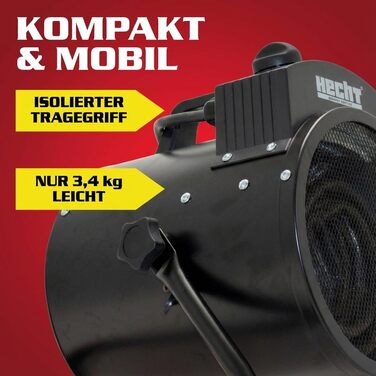 Електричний обігрівач HECHT Портативний обігрівач 3000 Вт 3 рівні потужності Термостат Енергоефективний Підходить для будівельних майданчиків, гаражів, майстерень, кемпінгу, віталень, Чорний