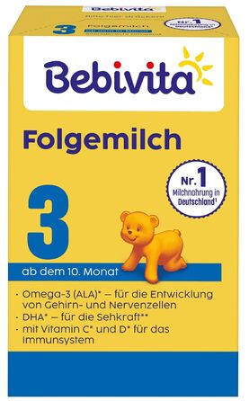 Молочна суміш Bebivita 3 для дітей віком від 10 місяців (4 x 500 г), з вітамінами C та D, Омега-3 (DHA, ALA), що насичує дитину відповідно до віку