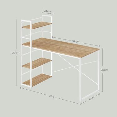 Сучасний письмовий стіл із полицею 120x44x120 см, дуб сонома/білий, 3 полиці, сталевий каркас, регульовані по висоті ніжки, комп&39ютерний стіл, домашній офіс, самостійне складання