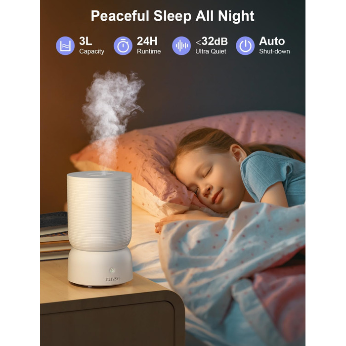 Зволожувач повітря CLEVAST, ультразвуковий зволожувач повітря з верхнім заповненням 3 л Cool Mist безшумний, зволожувач повітря дл