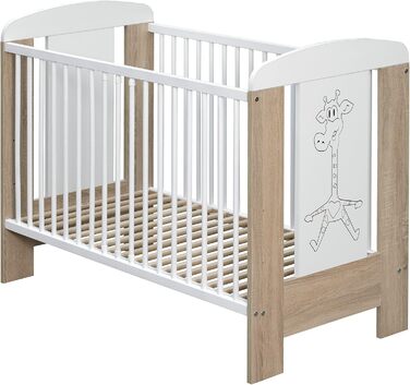 Дитяче ліжечко/ліжечко для малюків 120x60 см з масиву бука регульована висота в 3 напрямках, 3 знімні перекладини, перевірено EN 716 білий/сонома, жираф Модель Kamil