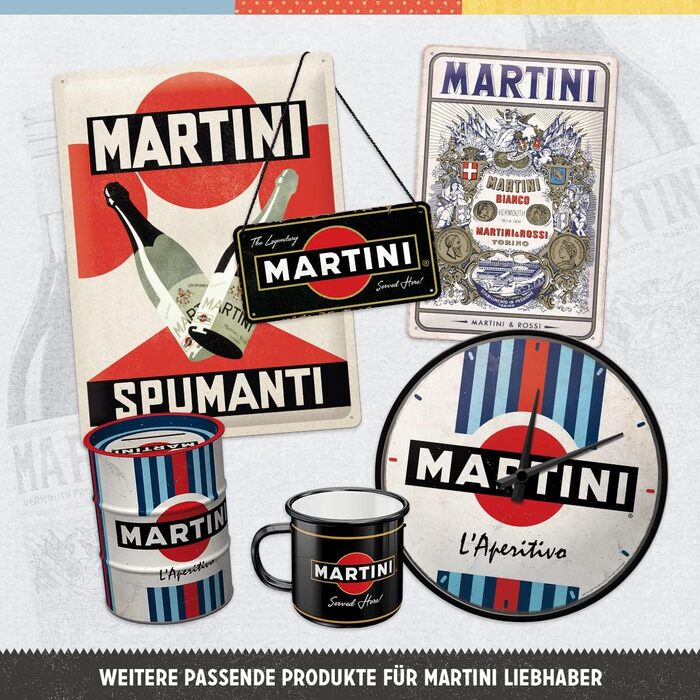 Ретро-настінний годинник Nostalgic-Art, Ø 31 см, Martini L'Aperitivo Racing Stripes ідея для подарунка, аксесуар для бару, оригінальний ліцензійний продукт (OLP), великий кухонний годинник у вінтажному дизайні
