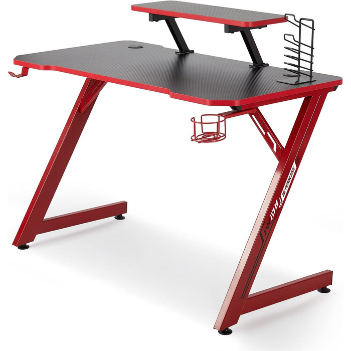 Ігровий стіл Intimate WM Heart 110 см, ергономічний комп&39ютерний стіл, письмовий стіл з карбоновою стільницею, поворотний тримач для гарнітури, тримач для ручки та тримач для напоїв, чорний та червоний