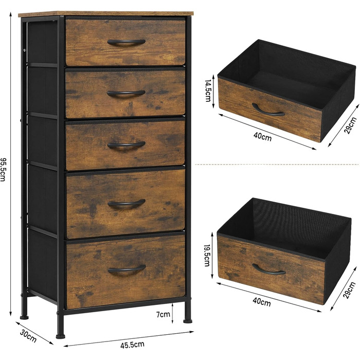 Комод WOLTU з 5 тканинними шухлядами, сервант, комод, для спальні, вітальні, коридору, металевий каркас, матеріал дерево, вінтажний дерев&39яний вигляд чорного кольору SSK004hov вінтажний дерев&39яний вигляд чорного кольору 1