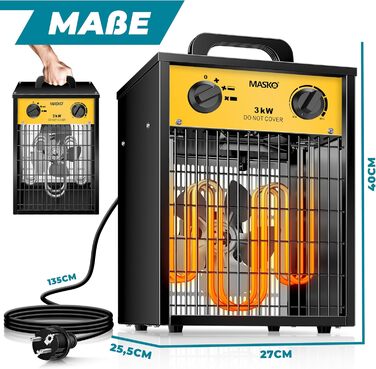 Електричний обігрівач MASKO, вентилятор-обігрівач, будівельний обігрівач, керамічний радіаційний обігрівач, електричний нагрівальний пристрій з термостатом, електричний обігрівач з 3 режимами нагріву, вентилятор-обігрівач для використання всередині та зов