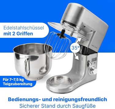 Кухонний комбайн ProfiCook з чашею з нержавіючої сталі XXXL Міксер 10 л з двигуном 1500 Вт Тістомісильна машина з гаком і віночком Машина для замішування тіста Захист від бризок з отвором для наповнення PC-KM 1096 Нержавіюча сталь 10 літрів