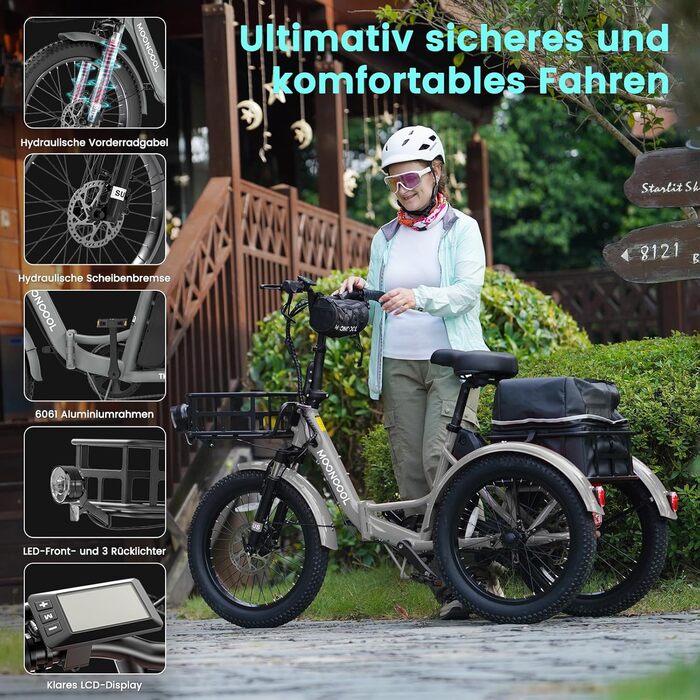 Складаний електровелосипед MOONCOOL, 20-дюймовий електровелосипед для чоловіків та жінок з акумулятором 36 В 20 Аг, двигуном 250 Вт, РК-дисплеєм, швидкістю 25 км/год, запасом ходу 167 км, IP65, 45 м/год електровелосипед з великими кошиками, сланцево-сірий