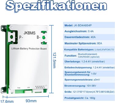 Розумна система керування будинком (BMS) 4S-8S 12V-24V 40A 0.4A з активним балансуванням, вбудованою платою захисту акумулятора Bluetooth та RS485 для літій-іонних, LiFePO4 та LTO літієвих акумуляторних блоків (JK-BD4A8S4P) Розумна система керування будин