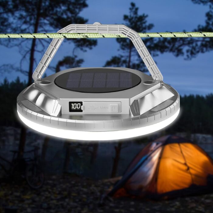 Світлодіодний ліхтар для кемпінгу Сонячні ліхтарі для виживання 1600 люменів - Водонепроникний світлодіодний ліхтар для зовнішнього використання, саду, двору, патіо, балкону, походів, рюкзаків, сріблястого кольору