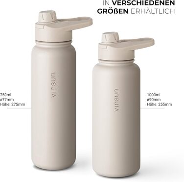 Пляшка для води Vinsun з нержавіючої сталі, бежева, 1 л - герметична, підходить для газованих напоїв, без BPA - трубочка, носик для пиття, термопляшка для спорту, активного відпочинку та школи, 1000 мл, бежевий
