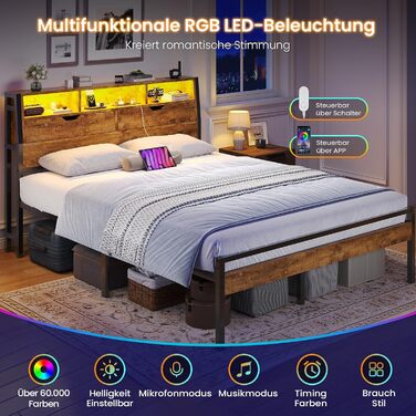 Ліжко 140x200 з металевою рейковою основою, двоспальне ліжко зі світлодіодним підсвічуванням та розеткою, каркас ліжка 140x200 см з дерев&39яним узголів&39ям, 2 шафи з дверима, дитяче ліжко з місцем для зберігання речей, коричневий колір, 140x200 см