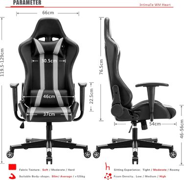 Ігрове крісло Intimate WM Heart, ергономічне поворотне офісне крісло, ігрове крісло з підголівником та поперековою подушкою, гоночне крісло з високою спинкою, регулюванням висоти та функцією гойдання (сіре)