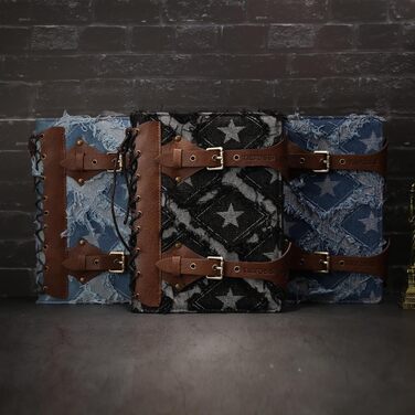 Джинсовий щоденник TIEFOSSI для жінок та чоловіків вінтажний блокнот зі штучної шкіри з механізмом на 6 кілець, лінійкою для коледжу, з можливістю поповнення та внутрішніми кишенями (17,8 x 23,5 см) чорного кольору