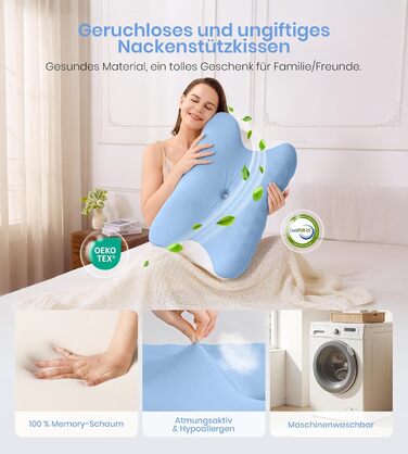 Подушка для шиї, ортопедична подушка з регульованою висотою з піни з ефектом пам&39яті, ергономічна подушка для шиї для сну на боці, спині та животі, подушка для сну на боці, 60x41,5x10/12 см, біло-синій