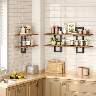 Плаваючі настінні полиці HOOBRO, 2-рівнева настінна дошка, комплект із 3 плаваючих полиць, підвісні полиці для ванної кімнати, настінні полиці 38 см, для вітальні, спальні, кухні, вінтажний коричневий та чорний EBF32BJP301 Вінтажний коричневий, чорний 3