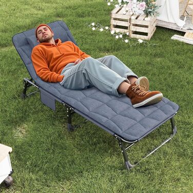 Складаний шезлонг з 4 регульованими положеннями спинки, портативна універсальна комбінація кемпінгового ліжка/шезлонга для саду, басейну, патіо, м&39який матрац та подушки - синій
