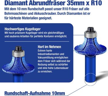 Фрезер з алмазним округленням SEDION 35 мм x R10 - Майстерний фрезер для найвищих вимог - Точне заокруглення твердої плитки, керамограніту та багато іншого- Ексклюзивний фрезер преміум-класу Радіусний фрезер R 10 Круглий фрезер 35 мм R10