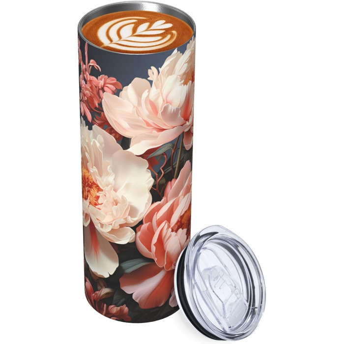Кухоль з прямою трубочкою, 590 мл, яскраво-білі півонії, принт, дорожній кухоль, підходить для кемпінгу, офісу та дому.