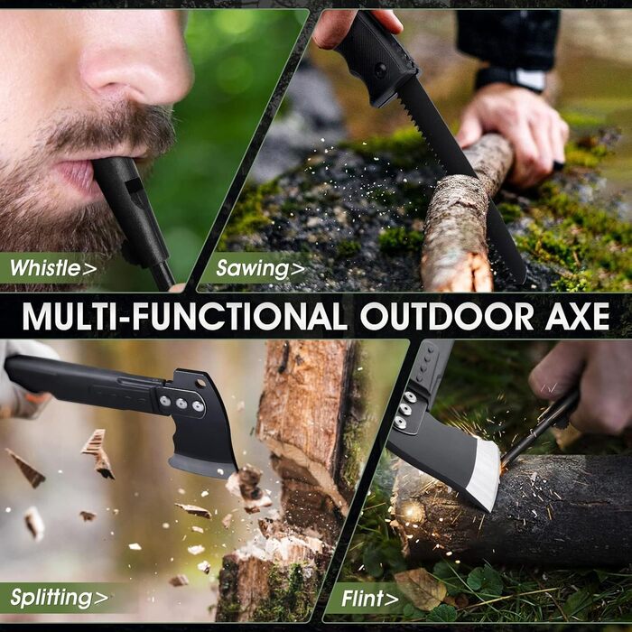 Універсальний туристичний сокира-ніж Freelander 5-в-1 з пилкою, піхвами та свистком, 34 см, для кемпінгу, походів та виживання, чорний