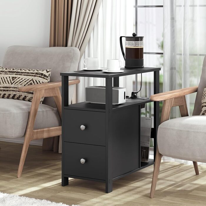 Журнальний столик WOLTU з розеткою, тумбочка з функцією заряджання, вузький диван-столик, з 2 шухлядами, 2 полицями, 1 відділенням, для вітальні/спальні, 60x60x30 см, чорний, BTS28sz