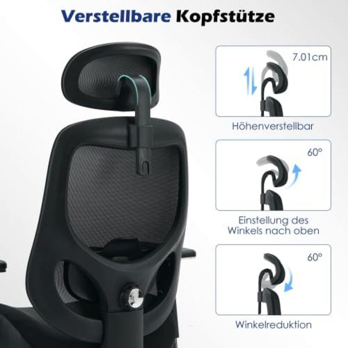 Ергономічне офісне крісло для високих людей (230 кг) Регульоване по висоті сітчасте обертове крісло з 4D підлокітниками, опорою для голови та попереку, для домашнього офісу та офісу, чорне