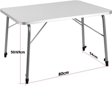 Складаний кемпінговий стіл Casaria, регульовані ніжки, 80x55 см, дерево та алюміній, білий, закруглені краї, для саду, балкону та пікніків