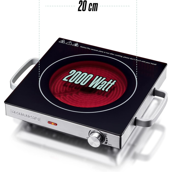 Інфрачервона варильна поверхня HEINRICHS Склокерамічна варильна поверхня з інфрачервоним нагріванням, електричні варильні поверхні, що підходять для всіх каструль і сковорідок, 2000 Вт для кемпінгу/офісу/кухні/на відкритому повітрі/одиночна, одинарна вари