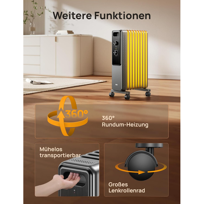 Масляний радіатор Dreo з 9 ребрами, тихий електричний обігрівач потужністю 2000 Вт для спальні, захист від перегріву та перекидання, регульований термостат, блокування від дітей, енергозбереження