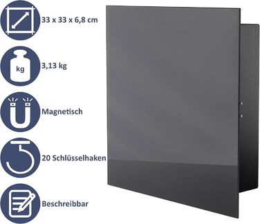 Сучасна скринька для ключів BALOU зі скляною магнітною дошкою - Магнітна дошка для пам&39яток з 6 магнітами та ручкою - Велика шафа для ключів з 20 гачками - Ідеально підходить для коридору, вхідної зони, офісу - 33x33x6,8 см Антрацит