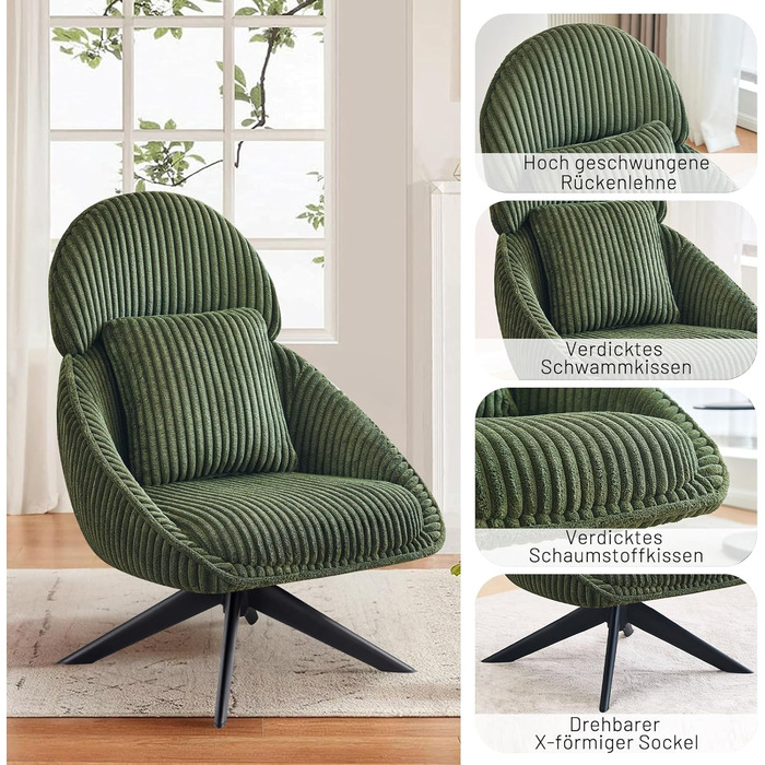 Крісло-шезлонг, крісло для вітальні, поворотне на 360, крісло з відкидною спинкою, м&39яке крісло з товстою знімною декоративною подушкою, крісло-реклайнер/крісло для читання для вітальні, спальні, офісу, зелене