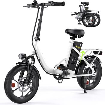 Складаний електровелосипед Finbike 16 * 2,15 дюйма з товстими шинами, портативний електровелосипед зі знімним акумулятором 10,4 Аг, 4 режими їзди, дальність PAS MAX 88 км, складний електровелосипед для чоловіків та жінок для поїздок на роботу, 16 дюймів б