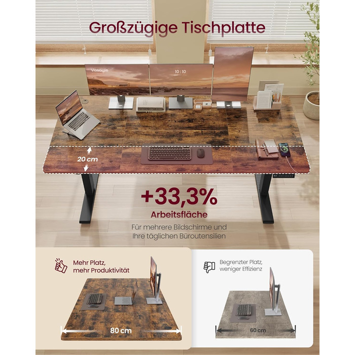 Стіл VASAGLE з регульованою висотою, 180 x 80 см, порт USB-C, подовжувач для зберігання, стіл для роботи стоячи, нагадування про тривале сидіння, 3 кнопки пам&39яті, для офісу, вінтажний коричневий LSD148KD02 180 x 80 см вінтажний коричневий