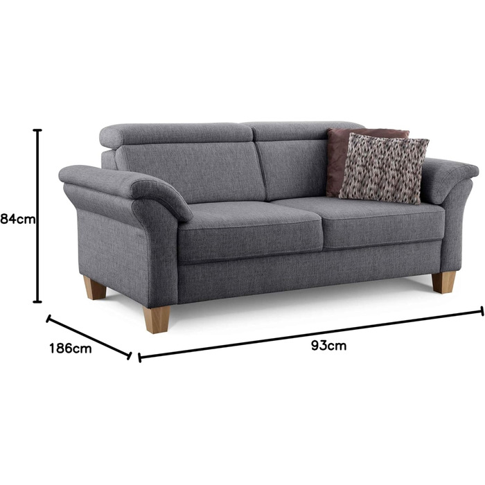 Місний диван Cavadore Ammerland / Диван у сільському стилі з пружинним каркасом / Вкл. регульовані підголівники / 186 x 84 x 93 / Текстурована тканина сірого кольору, 3-