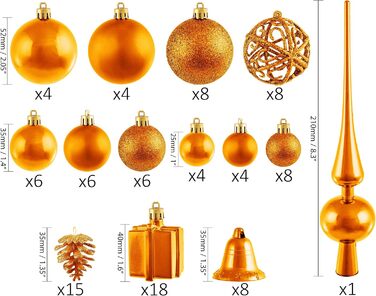 Набір різдвяних кульок із 101 предмета з верхівкою для ялинки помаранчеві BRUBAKER
