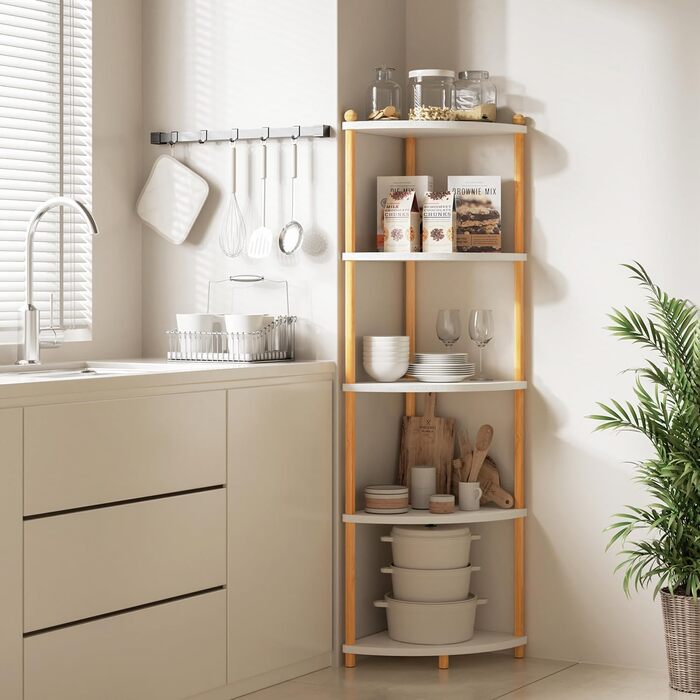 Кутова полиця Ruichang, стояча, 5 ярусів, книжкова полиця, окремостояча полиця, полиця для зберігання, складська полиця для кухні, ванної кімнати, вітальні, офісу, 143,5 x 29 x 29 см, біла