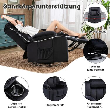 Ручне поворотне крісло-реклайнер для дорослих з регульованою спинкою та підставкою для ніг, крісло-шезлонг на 360 для вітальні, м&39яка тканина, ергономічне, чорний колір