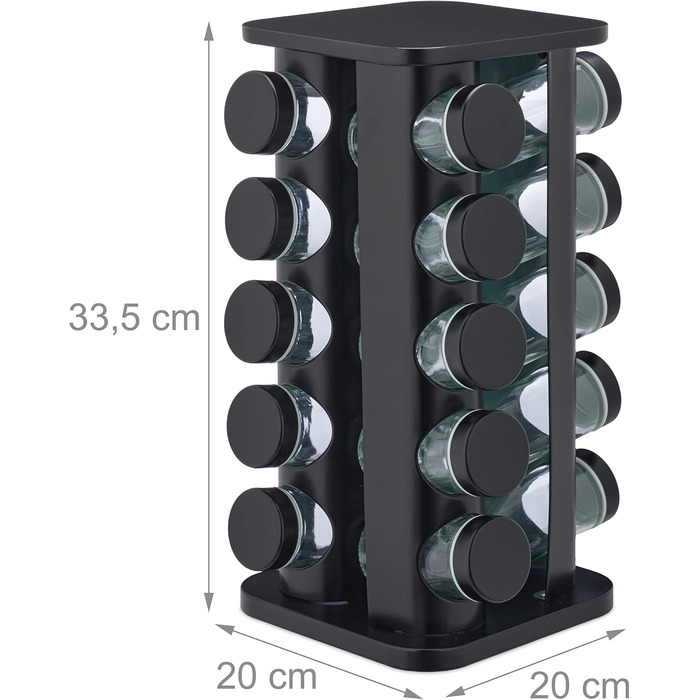 Карусель для спецій Relaxdays з 20 баночками для спецій, включаючи вставку-шейкер, обертова, багаторазова підставка для спецій для кухні, чорна