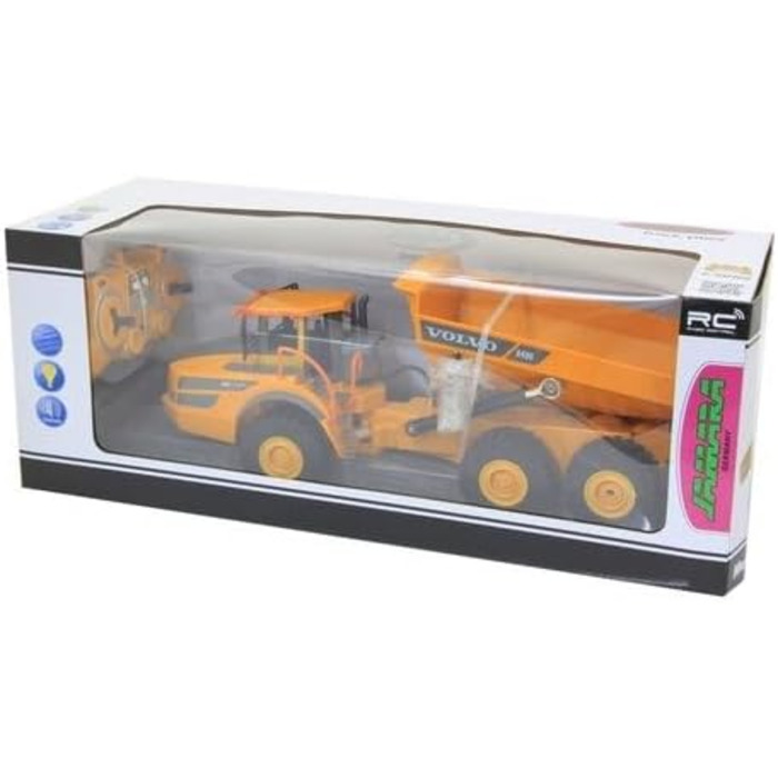 Позашляховий самоскид Volvo A40G 120 2,4GHz - реалістичне рульове управління, підйом/опускання кузова, реалістичний звук двигуна (з можливістю вимкнення), демонстраційний режим, повний привід, автоматичний режим очікування, жовтий, 405056