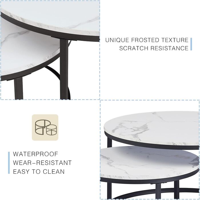Комплект із 2 круглих журнальних столиків, білий мармуровий журнальний столик з чорною металевою рамою, круглий бічний столик, сучасний столик для вітальні, вбудовані столики для вітальні, спальні, балкону, білий та чорний