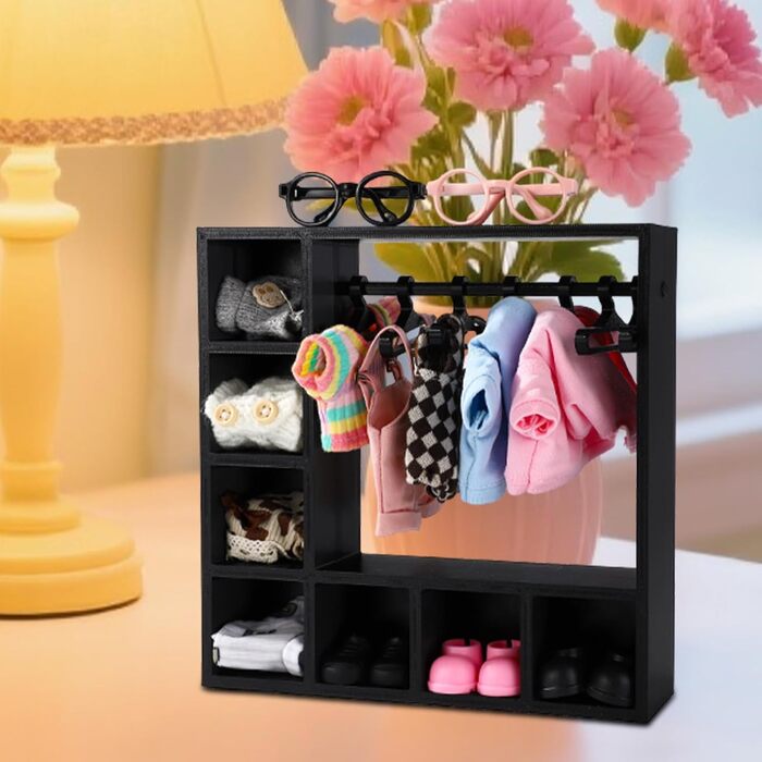 Шафа для ляльок, 20x20x5 см, Пластикова шафа для ляльок з 10 вішалками для організації одягу, взуття, капелюхів, сонцезахисних окулярів, сумок, різноманітного одягу та аксесуарів (чорна)