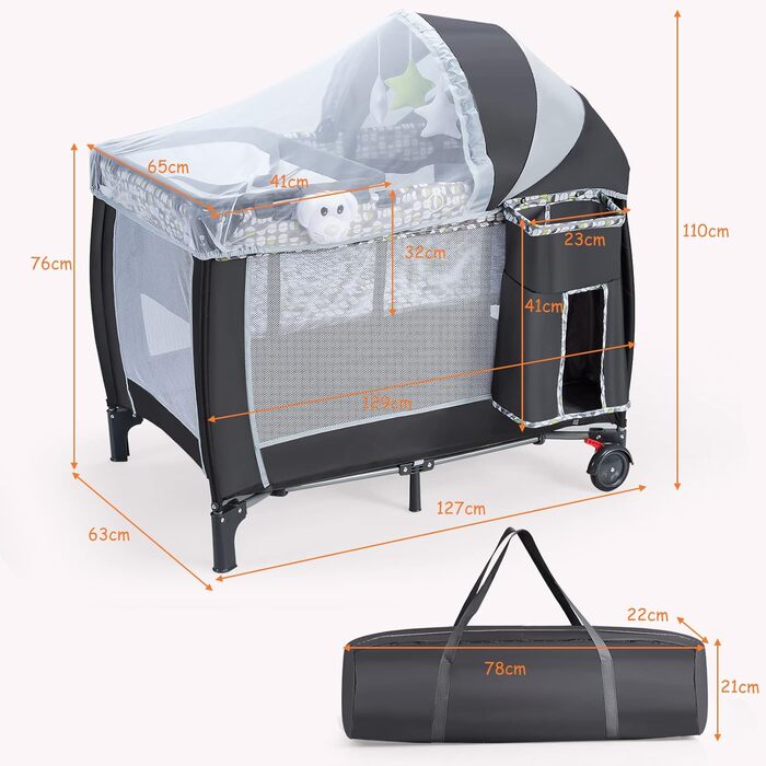 Складане дорожнє ліжечко COSTWAY 3 в 1, пеленальний столик та манеж зі знімною та регульованою москітною сіткою, включаючи музичний мобіль, ігрову арку, пеленальний килимок, матрац, органайзер для підгузків та сумку для перенесення