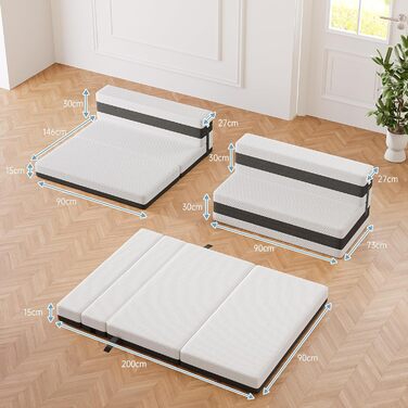 Розкладний матрац TeQsli Gel заввишки 15 см, гостьовий матрац, розкладний матрац із 4 предметів та диван-ліжко 3-в-1 з чохлом, який можна прати та знімати, сертифікований ko-Tex та CertiPUR (90x200x15 см)
