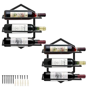 Металева настінна винна стійка, підвісний тримач для винних келихів, підставка-органайзер для 3 пляшок, винна стійка, червона винна стійка для дому, кухні, бару, декору, чорного кольору B2, 2 шт.