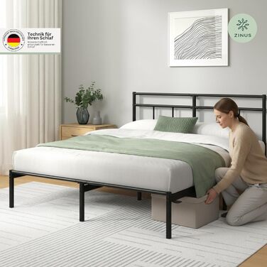 Ліжко Zinus Elias каркас 140x200 см з вінтажним узголів&39ям - Металеве ліжко 140x200 з металевою рейковою основою - Платформа заввишки 30 см з простором під нею - Пружинний матрац не потрібен - Чорний 200 x 140 см