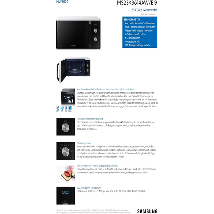 Мікрохвильова піч Samsung MW3500 MS23K3614AW / Цокольний поверх / 800 Вт / 23 л місця для приготування їжі / Ширина 48,9 см / Стійка до подряпин керамічна емаль внутрішня частина / 6 рівнів потужності / Білий одинарний